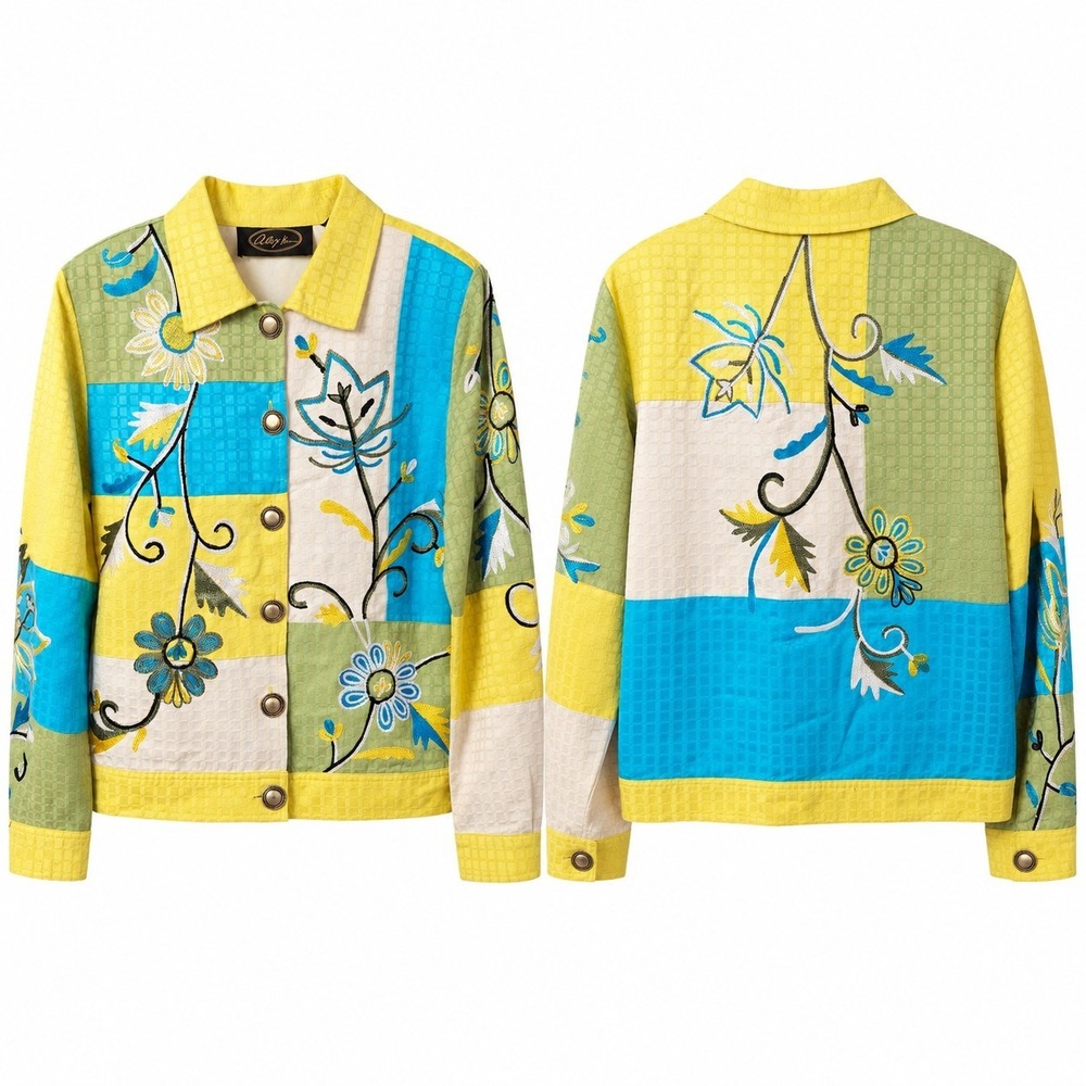 Vtg ALEX KIM Wearable Art Jacket Sz M Ble/Yellow/White Floral Embroidery Artsy